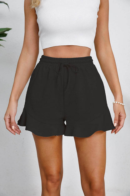 Full Size Drawstring Ruffle Hem Shorts - MimiStylez