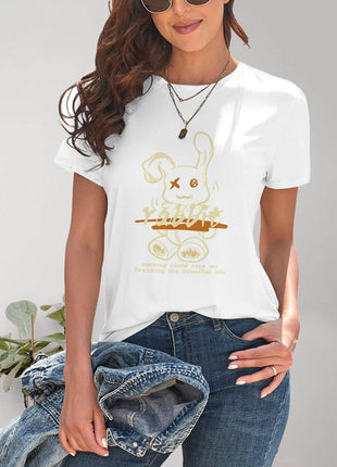 Rabbit Graphic Round Neck Short Sleeve T-Shirt - MimiStylez