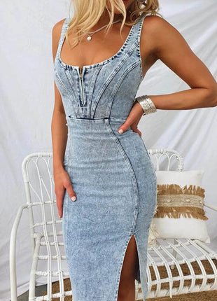 Side Slit Washed Scoop Neck Denim Dress - MimiStylez