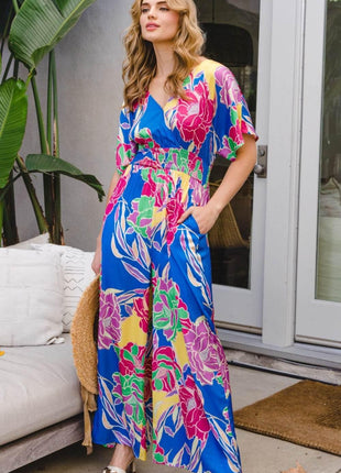 ODDI Full Size Floral Smocked Tied Back Jumpsuit - MimiStylez