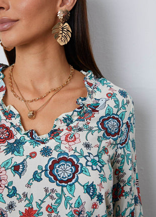 Floral Notched Long Sleeve Blouse - MimiStylez