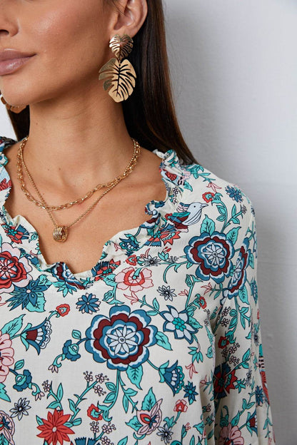 Floral Notched Long Sleeve Blouse - MimiStylez