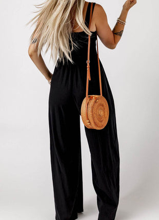 Smocked Square Neck Wide Leg Jumpsuit with Pockets - MimiStylez