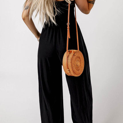 Smocked Square Neck Wide Leg Jumpsuit with Pockets - MimiStylez