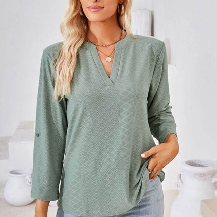 V-Neck Roll-Tap Sleeve Blouse - MimiStylez