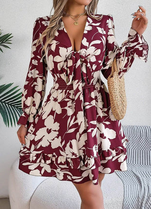 Tied Ruffled Printed Long Sleeve Dress - MimiStylez
