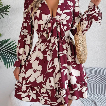Tied Ruffled Printed Long Sleeve Dress - MimiStylez