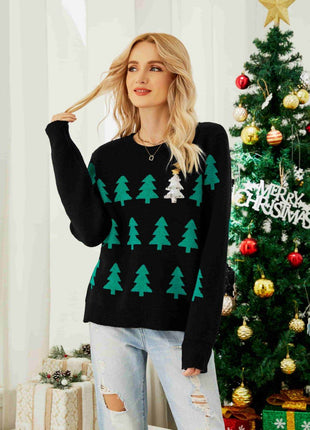 Christmas Tree Round Neck Ribbed Trim Sweater - MimiStylez