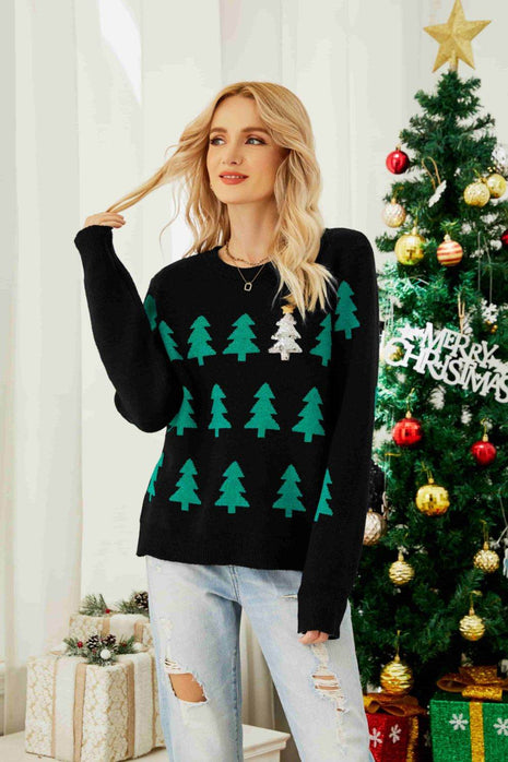 Christmas Tree Round Neck Ribbed Trim Sweater - MimiStylez