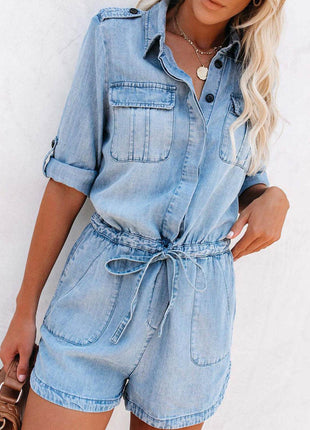 Drawstring Half Button Half Sleeve Denim Romper - MimiStylez