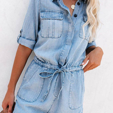 Drawstring Half Button Half Sleeve Denim Romper - MimiStylez