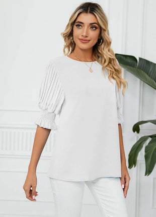 Pleated Flounce Sleeve Keyhole Blouse - MimiStylez