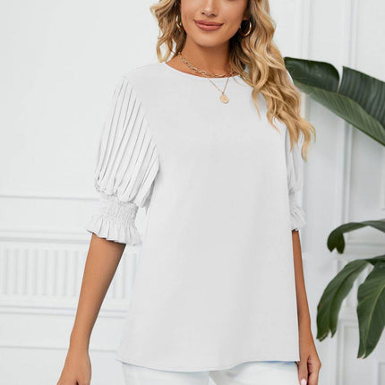 Pleated Flounce Sleeve Keyhole Blouse - MimiStylez