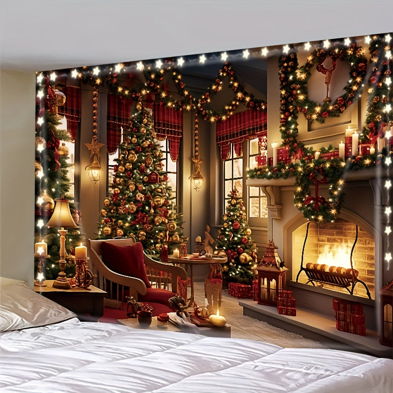 1pc Luminous Christmas Tapestry - Polyester Fiber Wall Decoration with Fireplace, Stockings, and Tree Pattern, Free Installation Package and Light String Included for Popular Party Photography Studio Props and Room Decoration