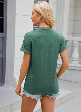 Decorative Button Notched Short Sleeve T-Shirt - MimiStylez