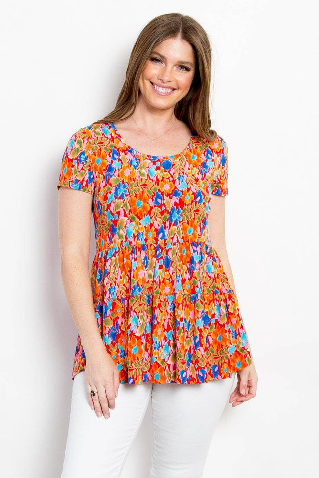 Be Stage Full Size Floral Short Sleeve Babydoll Top - MimiStylez
