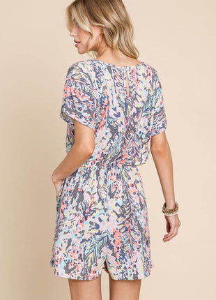BOMBOM Printed Short Sleeve Drawstring Romper - MimiStylez