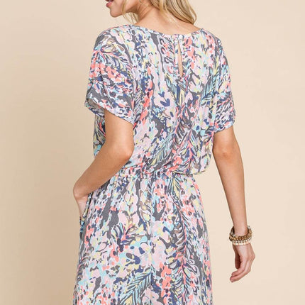 BOMBOM Printed Short Sleeve Drawstring Romper - MimiStylez
