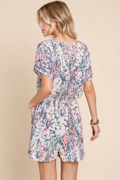 BOMBOM Printed Short Sleeve Drawstring Romper - MimiStylez