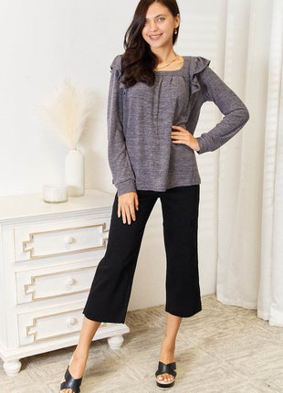Double Take Square Neck Ruffle Shoulder Long Sleeve T-Shirt - MimiStylez
