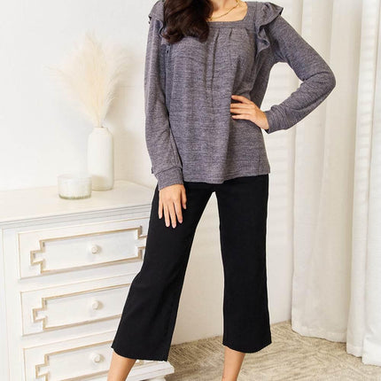 Double Take Square Neck Ruffle Shoulder Long Sleeve T-Shirt - MimiStylez