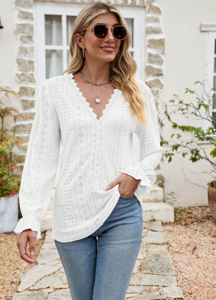 Eyelet Lace Trim Flounce Sleeve Blouse - MimiStylez