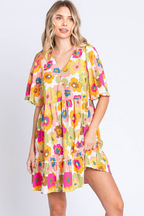 GeeGee Floral V-Neck Ruffle Hem Mini Dress - MimiStylez