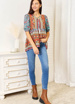 Bohemian Tassel Tie Puff Sleeve Babydoll Blouse - MimiStylez