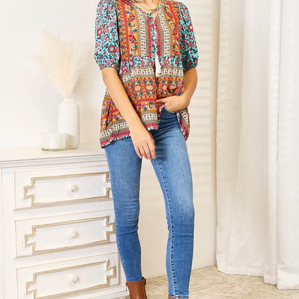 Bohemian Tassel Tie Puff Sleeve Babydoll Blouse - MimiStylez