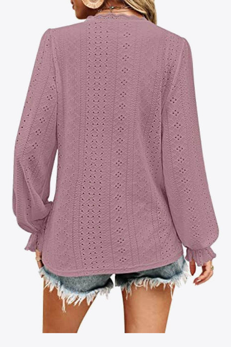 Eyelet V-Neck Flounce Sleeve Blouse - MimiStylez