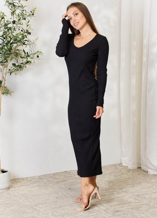 Culture Code Full Size Ribbed Long Sleeve Midi Slit Dress - MimiStylez
