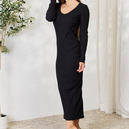Culture Code Full Size Ribbed Long Sleeve Midi Slit Dress - MimiStylez