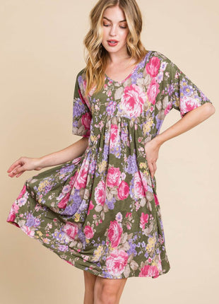 BOMBOM Flower Print V-Neck Ruched Dress - MimiStylez