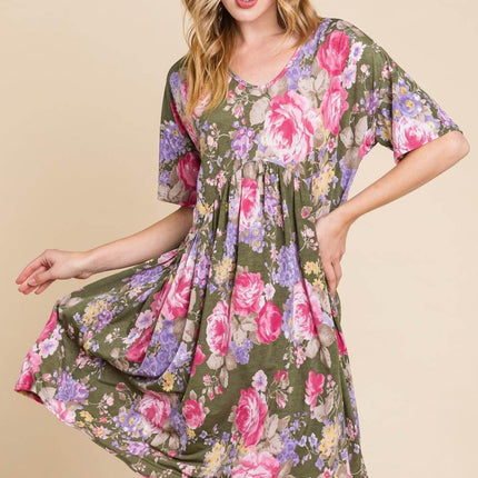 BOMBOM Flower Print V-Neck Ruched Dress - MimiStylez