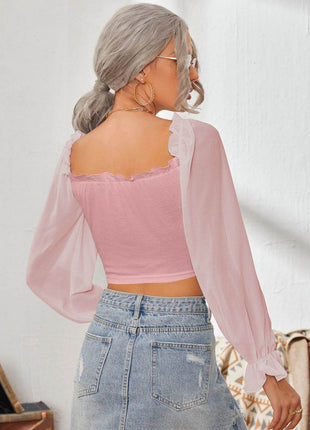 Mesh Sweetheart Neck Flounce Sleeve Top - MimiStylez