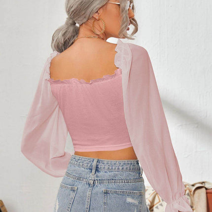 Mesh Sweetheart Neck Flounce Sleeve Top - MimiStylez