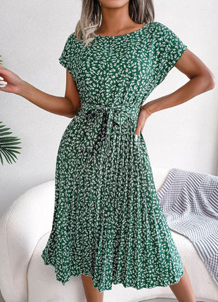 Ditsy Floral Pleated Belted Dress - MimiStylez
