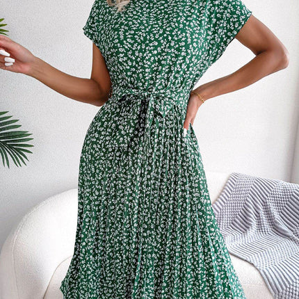Ditsy Floral Pleated Belted Dress - MimiStylez