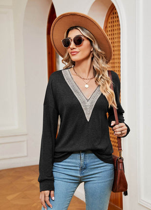Contrast V-Neck Long Sleeve Blouse - MimiStylez