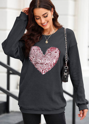 Heart Sequin Round Neck Sweatshirt - MimiStylez