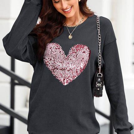 Heart Sequin Round Neck Sweatshirt - MimiStylez