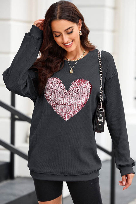 Heart Sequin Round Neck Sweatshirt - MimiStylez