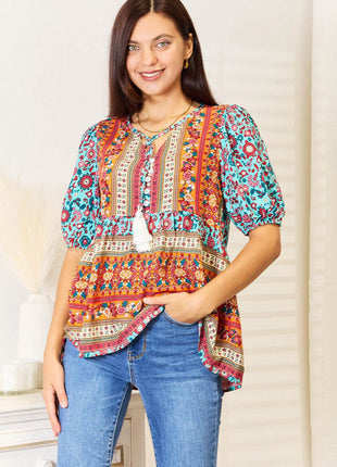 Bohemian Tassel Tie Puff Sleeve Babydoll Blouse - MimiStylez