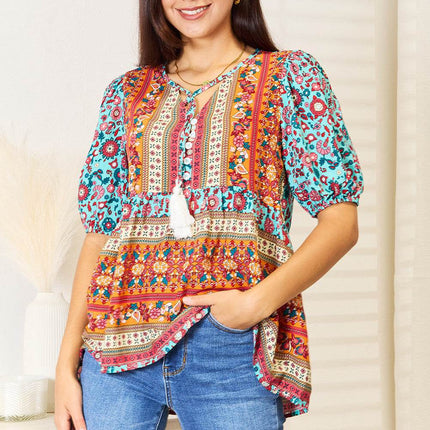 Bohemian Tassel Tie Puff Sleeve Babydoll Blouse - MimiStylez