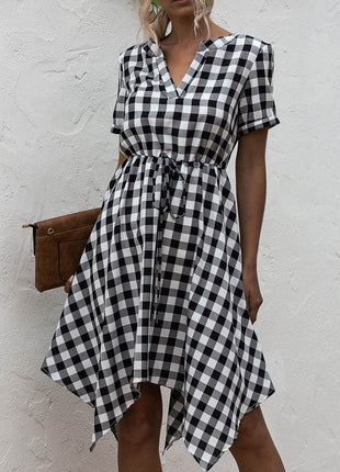 Plaid Notched Short Sleeve Dress - MimiStylez
