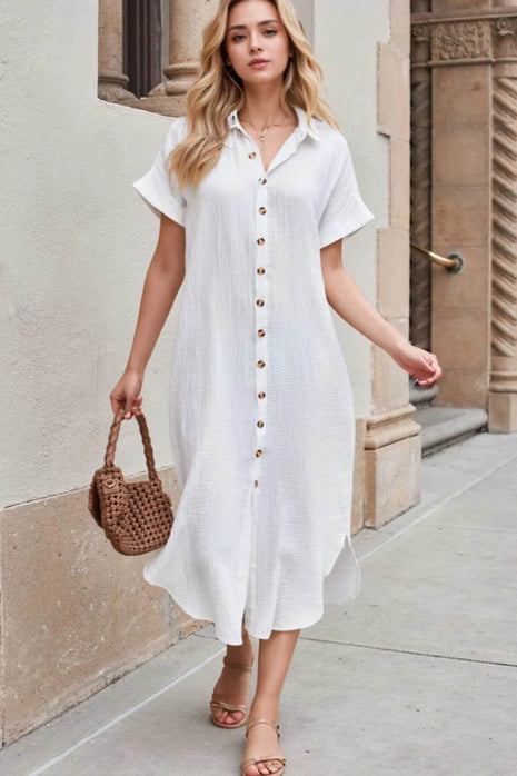 Button Down Short Sleeve Midi Shirt Dress - MimiStylez