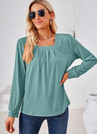 Square Neck Ruched Long Sleeve Blouse - MimiStylez