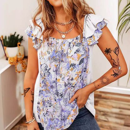 Ruffled Floral Square Neck Cap Sleeve Blouse - MimiStylez