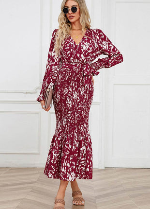 Printed V-Neck Smocked Midi Dress - MimiStylez