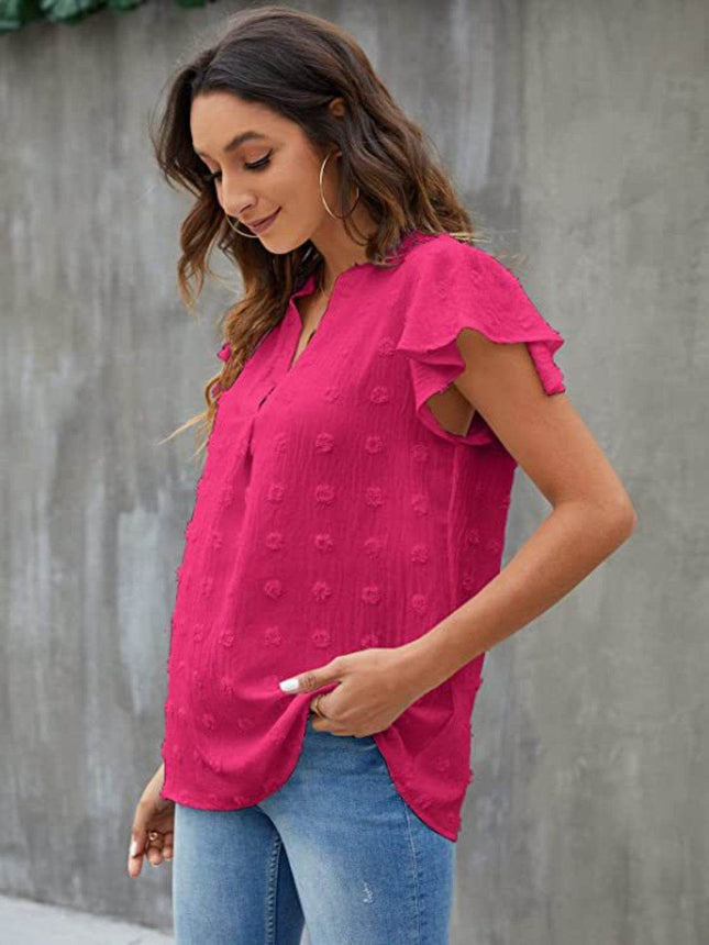 Swiss Dot Notched Cap Sleeve Blouse - MimiStylez